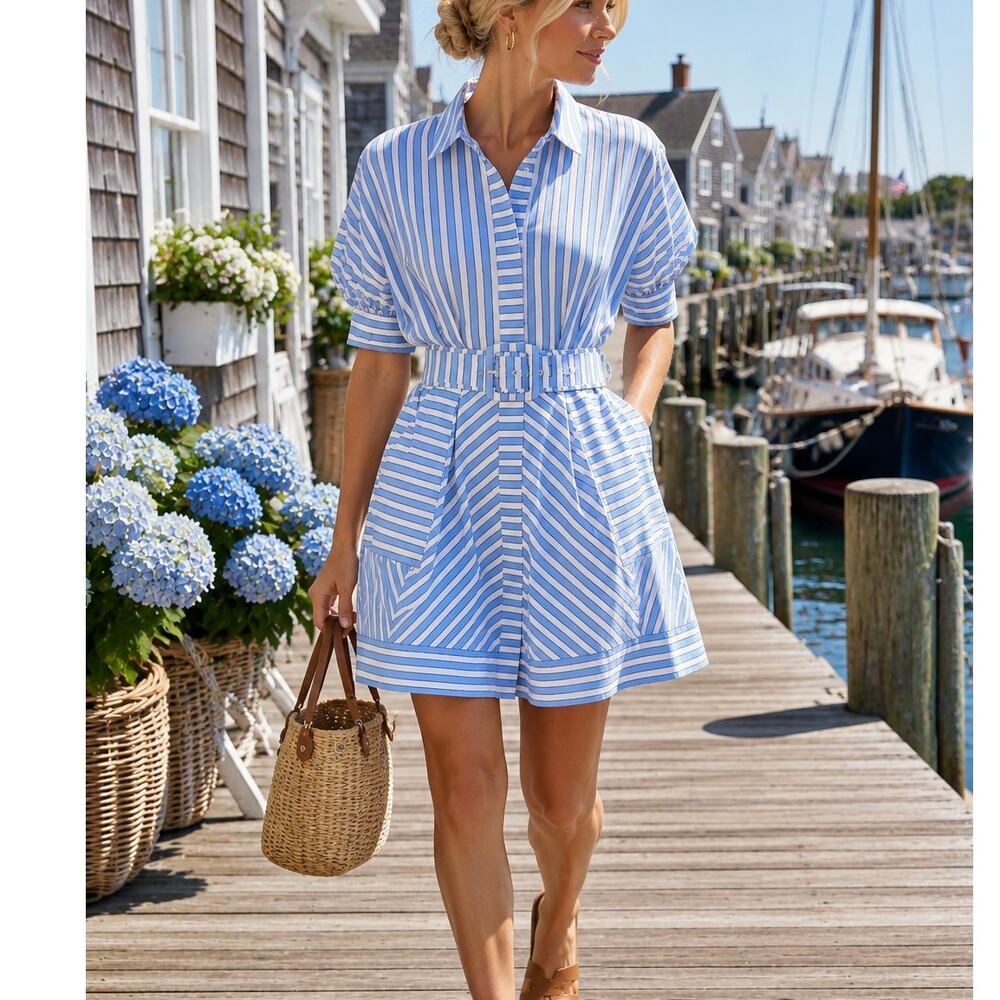 Rebecca Vallance Ava Button Mini Dress Nantucket Stripe Belted blue white US 6